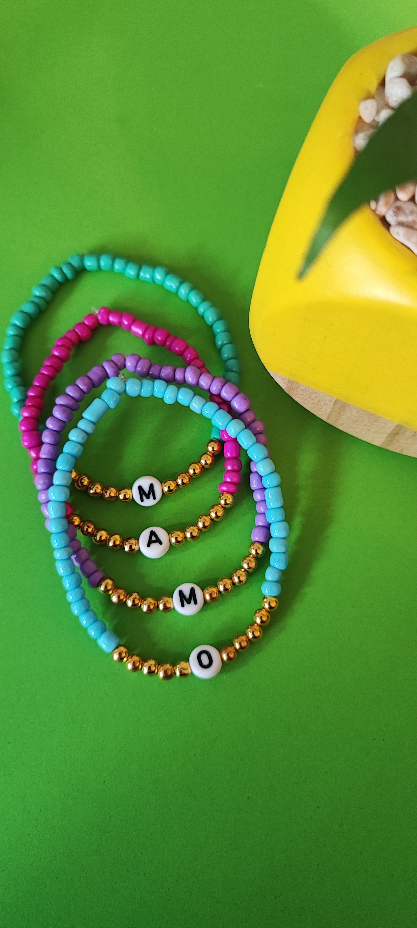 CUSTOM LETTER STACKING BRACELET Colourful glass seed bead bracelet